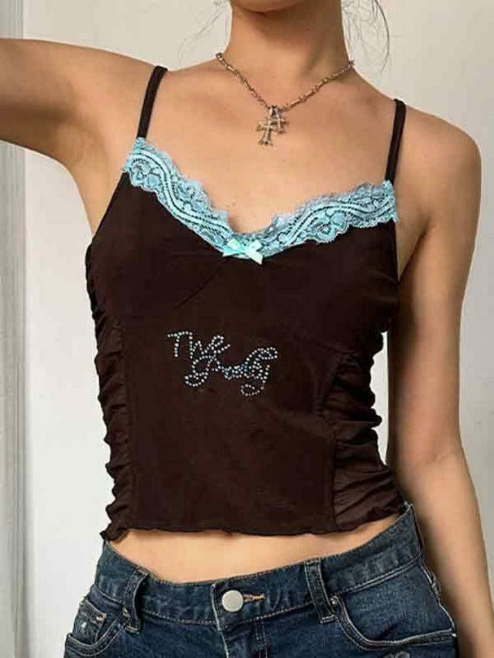 Y2K Lace Rhinestone Cami Top with Pleated Design - Coquette Aesthetic Fashion for Women Y2K Lace Rhinestone Cami Top with Pleated Design - Coquette Aesthetic Fashion for Women