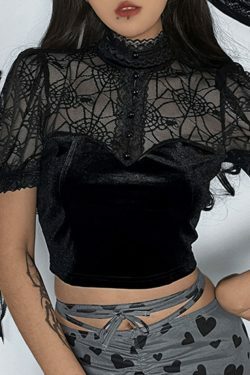 Y2K Lace Spider Web Tee: Coquette Aesthetic Grunge Style, Cute Tops, Pastel Goth, Cargo Skirt