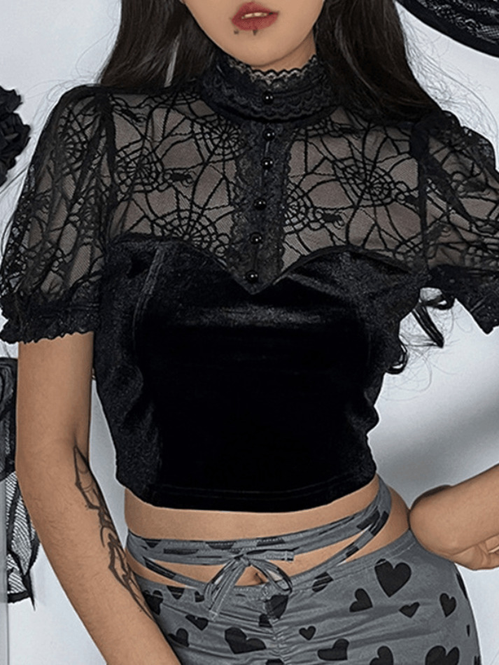 Y2K Lace Spider Web Tee: Coquette Aesthetic Grunge Style, Cute Tops, Pastel Goth, Cargo Skirt