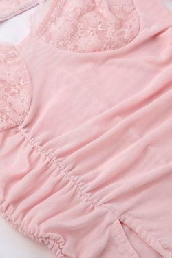 Y2K Lace Splice Cami Mesh Smock Two Piece Long Sleeve Tee - Coquette Aesthetic Grunge Style