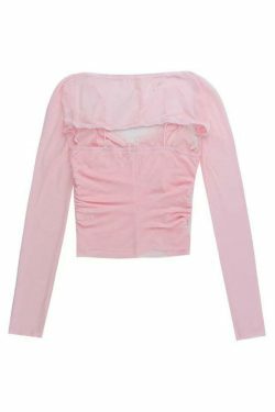 Y2K Lace Splice Cami Mesh Smock Two Piece Long Sleeve Tee - Coquette Aesthetic Grunge Style