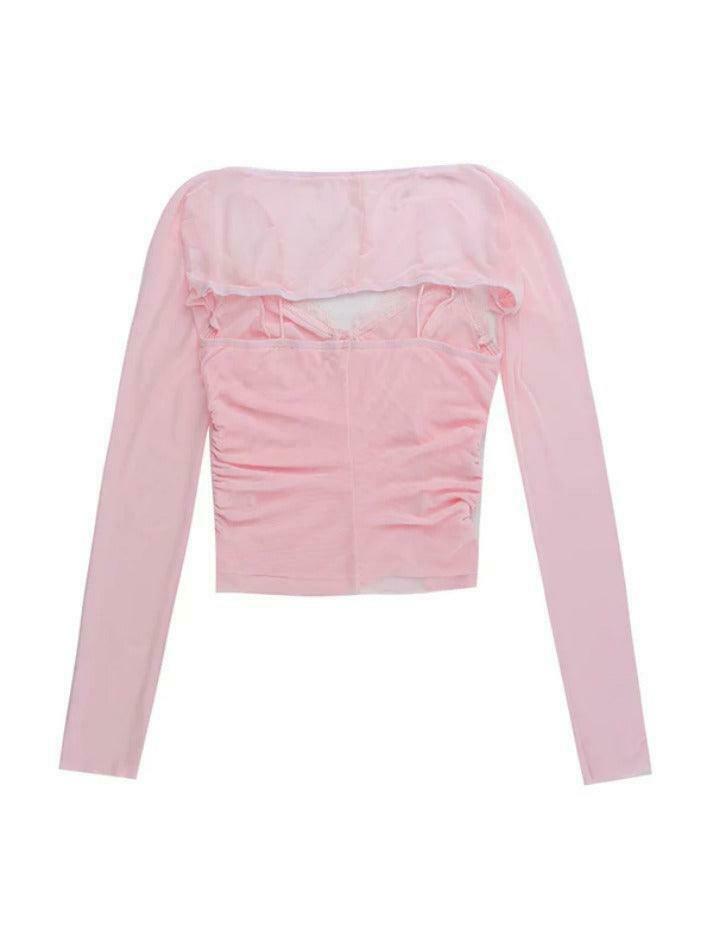 Y2K Lace Splice Cami Mesh Smock Two Piece Long Sleeve Tee - Coquette Aesthetic Grunge Style Y2K Lace Splice Cami Mesh Smock Two Piece Long Sleeve Tee - Coquette Aesthetic Grunge Style