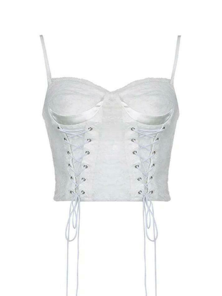 Y2K Lace Splice Crossover Tie Up Cami Top - Coquette Aesthetic Grunge Style Cute Tops Y2K Lace Splice Crossover Tie Up Cami Top - Coquette Aesthetic Grunge Style Cute Tops