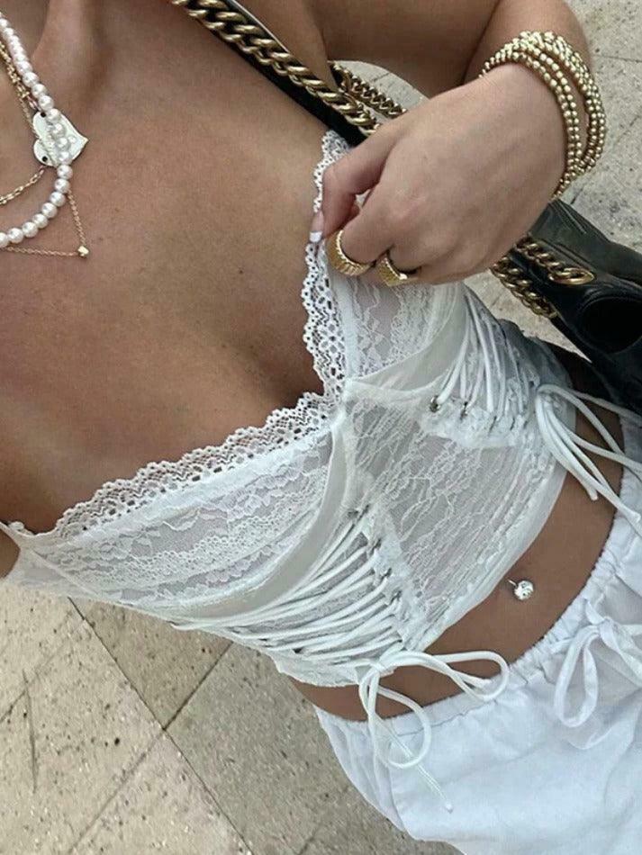 Y2K Lace Splice Crossover Tie Up Cami Top - Coquette Aesthetic Grunge Style Cute Tops Y2K Lace Splice Crossover Tie Up Cami Top - Coquette Aesthetic Grunge Style Cute Tops