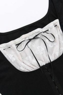 Y2K Lace Splice Mesh Tie Front Cropped Long Sleeve Tee - Coquette Aesthetic Grunge Style