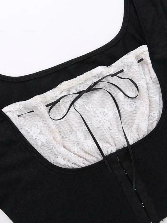 Y2K Lace Splice Mesh Tie Front Cropped Long Sleeve Tee - Coquette Aesthetic Grunge Style Y2K Lace Splice Mesh Tie Front Cropped Long Sleeve Tee - Coquette Aesthetic Grunge Style