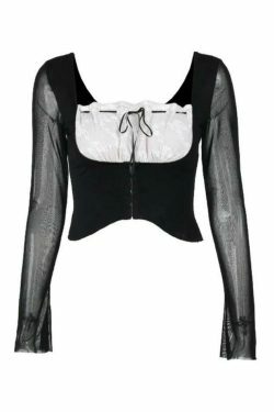 Y2K Lace Splice Mesh Tie Front Cropped Long Sleeve Tee - Coquette Aesthetic Grunge Style