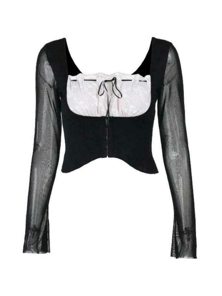 Y2K Lace Splice Mesh Tie Front Cropped Long Sleeve Tee - Coquette Aesthetic Grunge Style Y2K Lace Splice Mesh Tie Front Cropped Long Sleeve Tee - Coquette Aesthetic Grunge Style