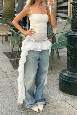 Y2K Lace Splice Ruffled Hem Cami Top - Coquette Aesthetic, Grunge Style, Cute Tops