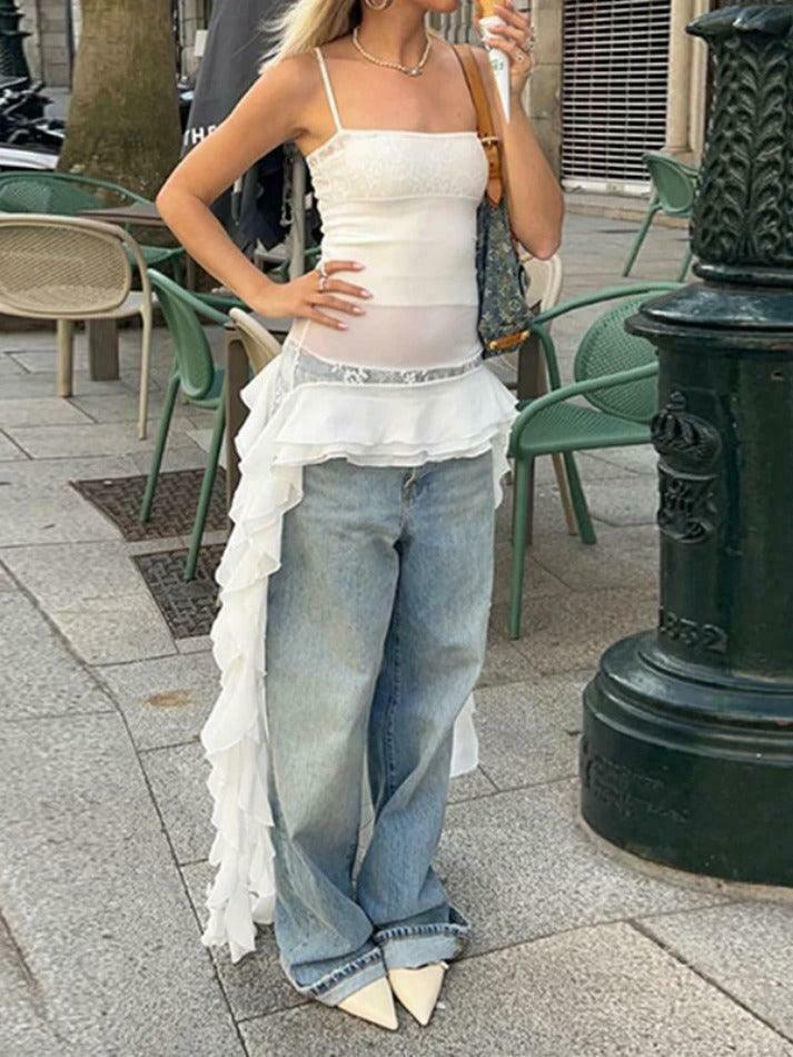 Y2K Lace Splice Ruffled Hem Cami Top - Coquette Aesthetic, Grunge Style, Cute Tops Y2K Lace Splice Ruffled Hem Cami Top - Coquette Aesthetic, Grunge Style, Cute Tops