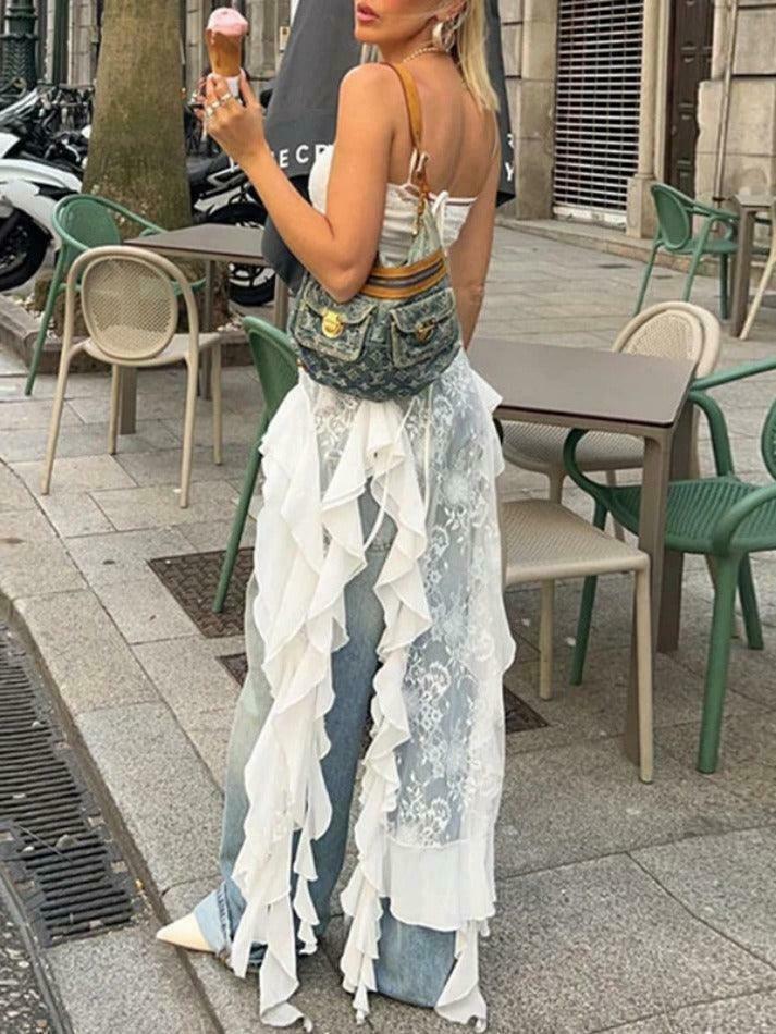 Y2K Lace Splice Ruffled Hem Cami Top - Coquette Aesthetic, Grunge Style, Cute Tops Y2K Lace Splice Ruffled Hem Cami Top - Coquette Aesthetic, Grunge Style, Cute Tops