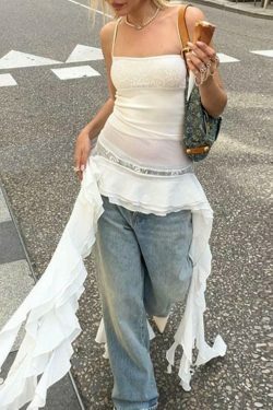 Y2K Lace Splice Ruffled Hem Cami Top - Coquette Aesthetic, Grunge Style, Cute Tops