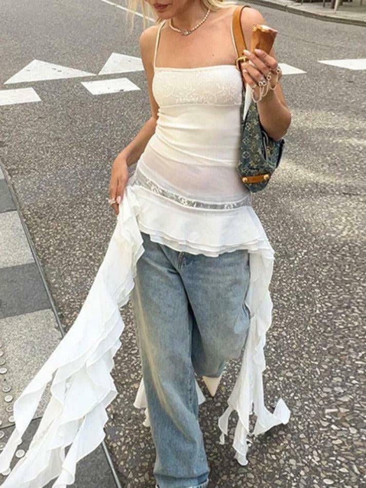 Y2K Lace Splice Ruffled Hem Cami Top - Coquette Aesthetic, Grunge Style, Cute Tops Y2K Lace Splice Ruffled Hem Cami Top - Coquette Aesthetic, Grunge Style, Cute Tops