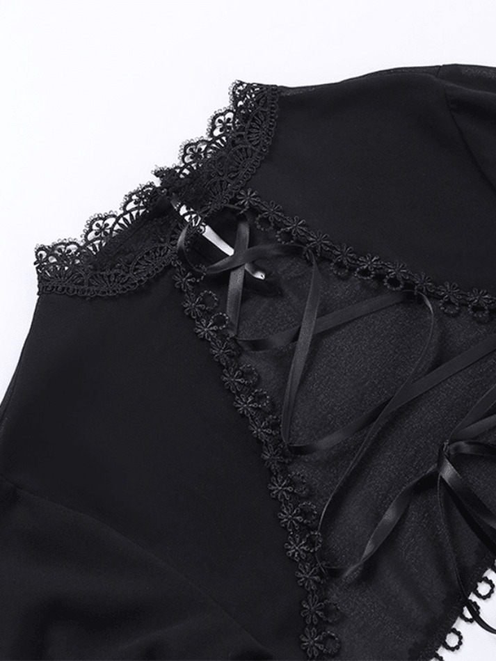 Y2K Lace Tie-Up Smock Long Sleeve Tee: Coquette Aesthetic, Grunge Style, Cute Tops Y2K Lace Tie-Up Smock Long Sleeve Tee: Coquette Aesthetic, Grunge Style, Cute Tops