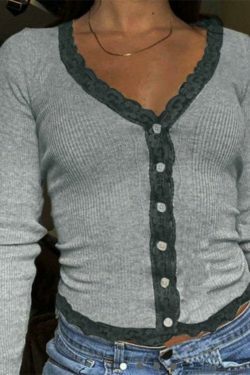 Y2K Lace Trim Button Down Knit Crop Top - Coquette Aesthetic Grunge Style - Cute Pastel Goth Fashion