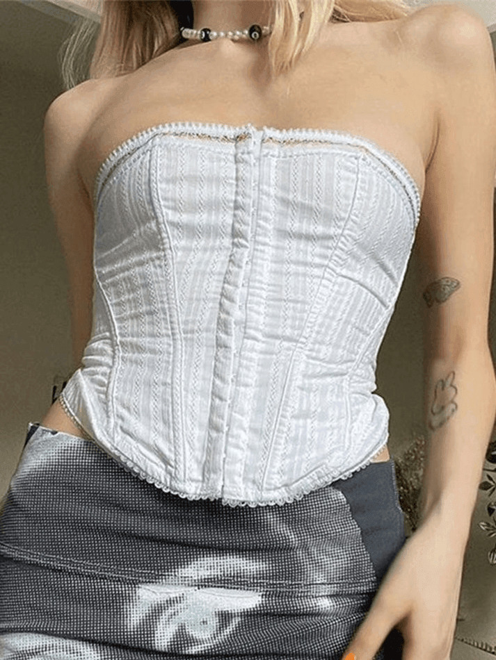 Y2K Lace Trim Corset Top: Coquette Aesthetic, Grunge Style, Cute Pastel Goth Fashion Y2K Lace Trim Corset Top: Coquette Aesthetic, Grunge Style, Cute Pastel Goth Fashion