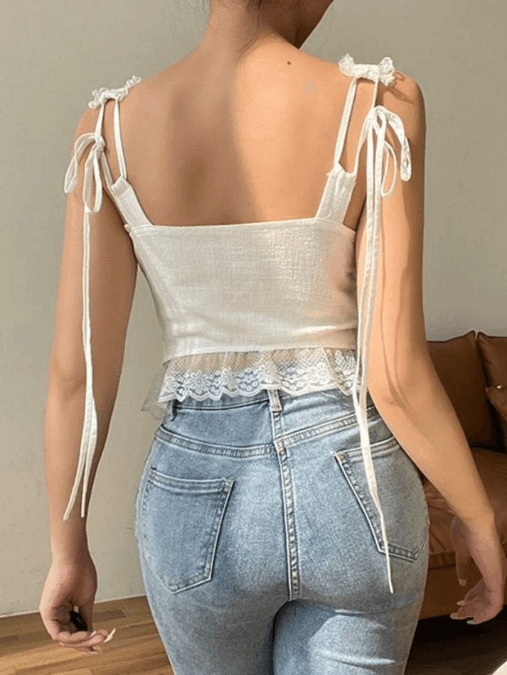 Y2K Lace Trim Ruffle Crop Tank Top - Coquette Aesthetic Grunge Style - Cute Pastel Goth Fashion Y2K Lace Trim Ruffle Crop Tank Top - Coquette Aesthetic Grunge Style - Cute Pastel Goth Fashion