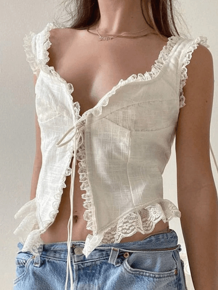 Y2K Lace Trim Ruffle Crop Tank Top - Coquette Aesthetic Grunge Style - Cute Pastel Goth Fashion Y2K Lace Trim Ruffle Crop Tank Top - Coquette Aesthetic Grunge Style - Cute Pastel Goth Fashion