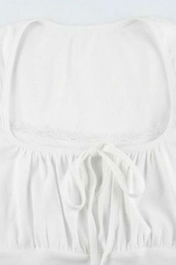 Y2K Lace Trim Shirred Lace Up Long Sleeve Tee - Coquette Aesthetic Grunge Style Fashion