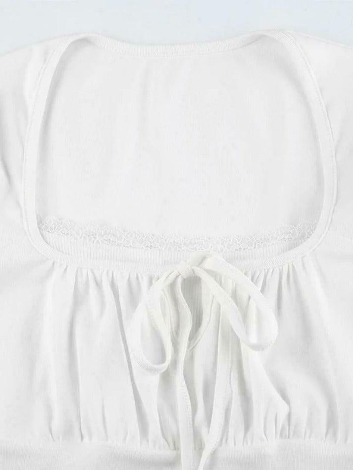 Y2K Lace Trim Shirred Lace Up Long Sleeve Tee - Coquette Aesthetic Grunge Style Fashion Y2K Lace Trim Shirred Lace Up Long Sleeve Tee - Coquette Aesthetic Grunge Style Fashion