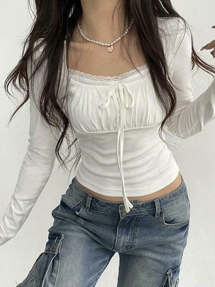 Y2K Lace Trim Shirred Lace Up Long Sleeve Tee - Coquette Aesthetic Grunge Style Fashion Y2K Lace Trim Shirred Lace Up Long Sleeve Tee - Coquette Aesthetic Grunge Style Fashion