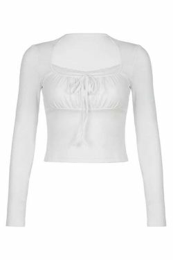 Y2K Lace Trim Shirred Lace Up Long Sleeve Tee - Coquette Aesthetic Grunge Style Fashion