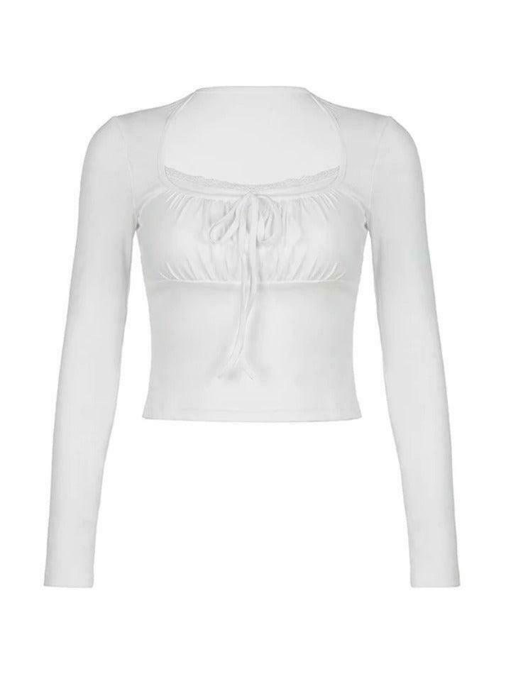 Y2K Lace Trim Shirred Lace Up Long Sleeve Tee - Coquette Aesthetic Grunge Style Fashion Y2K Lace Trim Shirred Lace Up Long Sleeve Tee - Coquette Aesthetic Grunge Style Fashion
