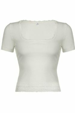 Y2K Lace Trim Square Neck Crop Tee - Coquette Aesthetic Grunge Style - Cute Pastel Goth Top