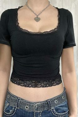 Y2K Lace Trim Square Neck Crop Tee - Coquette Aesthetic Grunge Style - Cute Pastel Goth Top