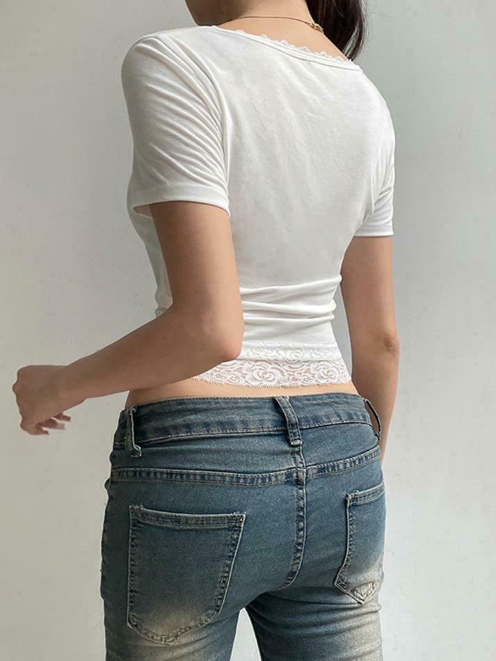 Y2K Lace Trim Square Neck Crop Tee - Coquette Aesthetic Grunge Style - Cute Pastel Goth Top Y2K Lace Trim Square Neck Crop Tee - Coquette Aesthetic Grunge Style - Cute Pastel Goth Top