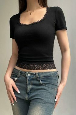 Y2K Lace Trim Square Neck Crop Tee - Coquette Aesthetic Grunge Style - Cute Pastel Goth Top