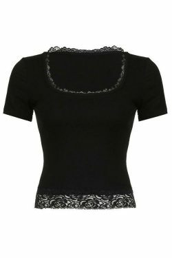 Y2K Lace Trim Square Neck Crop Tee - Coquette Aesthetic Grunge Style - Cute Pastel Goth Top