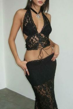Y2K Lace Two Piece: Plunge Neck Halter Low Waist Aesthetic Outfit for Women