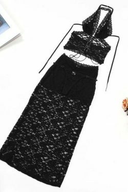 Y2K Lace Two Piece: Plunge Neck Halter Low Waist Aesthetic Outfit for Women