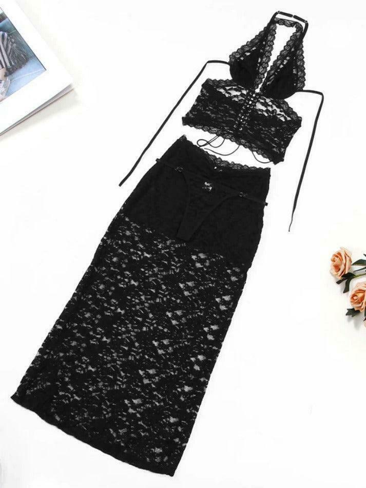 Y2K Lace Two Piece: Plunge Neck Halter Low Waist Aesthetic Outfit for Women Y2K Lace Two Piece: Plunge Neck Halter Low Waist Aesthetic Outfit for Women