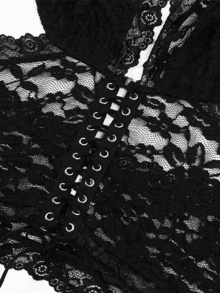 Y2K Lace Two Piece: Plunge Neck Halter Low Waist Aesthetic Outfit for Women Y2K Lace Two Piece: Plunge Neck Halter Low Waist Aesthetic Outfit for Women