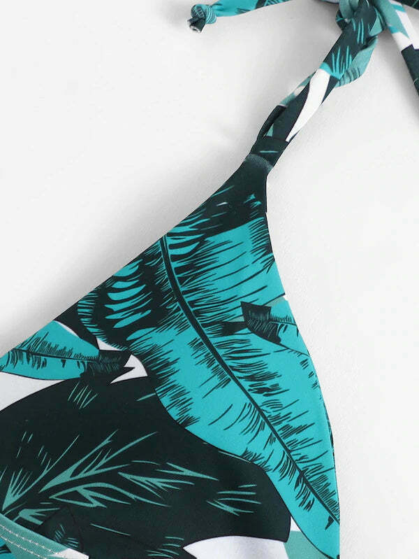 Y2K Leaf Print Bikini Set - Coquette Aesthetic Swimwear with Tie Shoulders