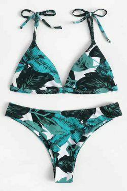 Y2K Leaf Print Bikini Set - Coquette Aesthetic Swimwear with Tie Shoulders