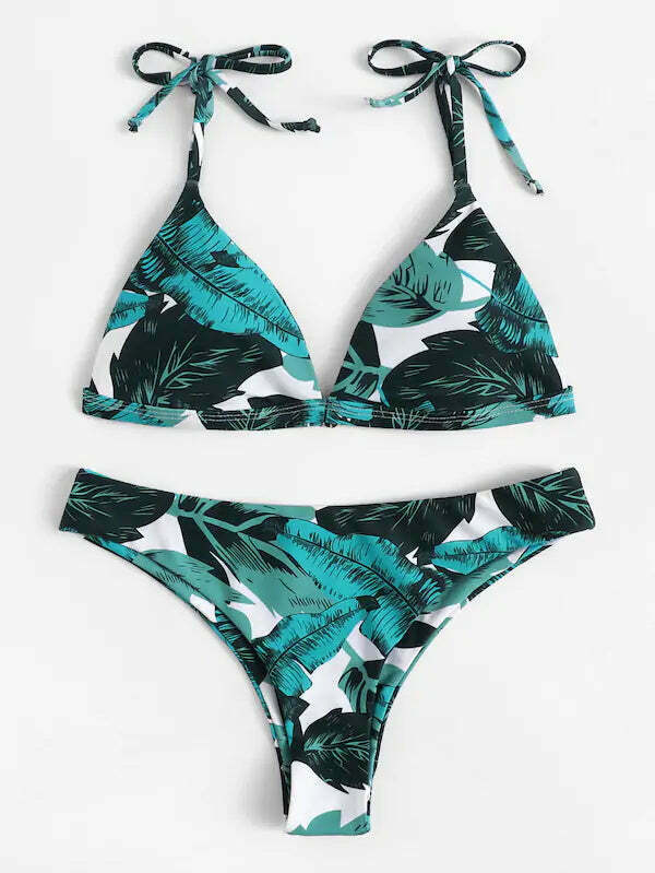 Y2K Leaf Print Bikini Set - Coquette Aesthetic Swimwear with Tie Shoulders