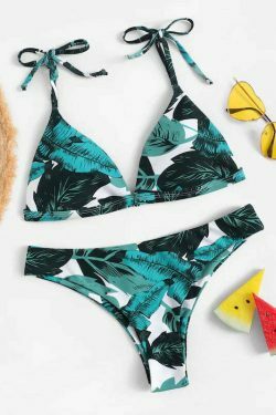 Y2K Leaf Print Bikini Set - Coquette Aesthetic Swimwear with Tie Shoulders