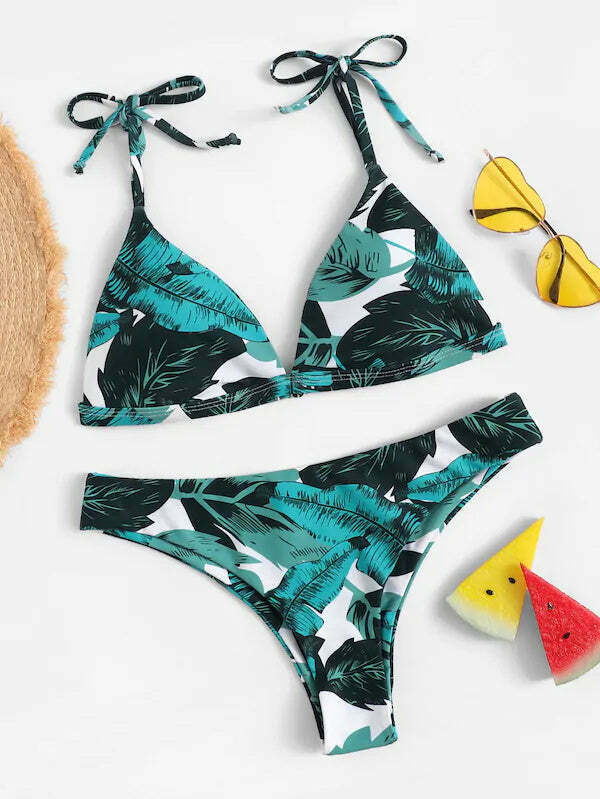 Y2K Leaf Print Bikini Set - Coquette Aesthetic Swimwear with Tie Shoulders