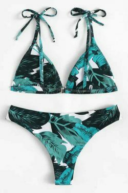Y2K Leaf Print Bikini Set - Coquette Aesthetic Swimwear with Tie Shoulders