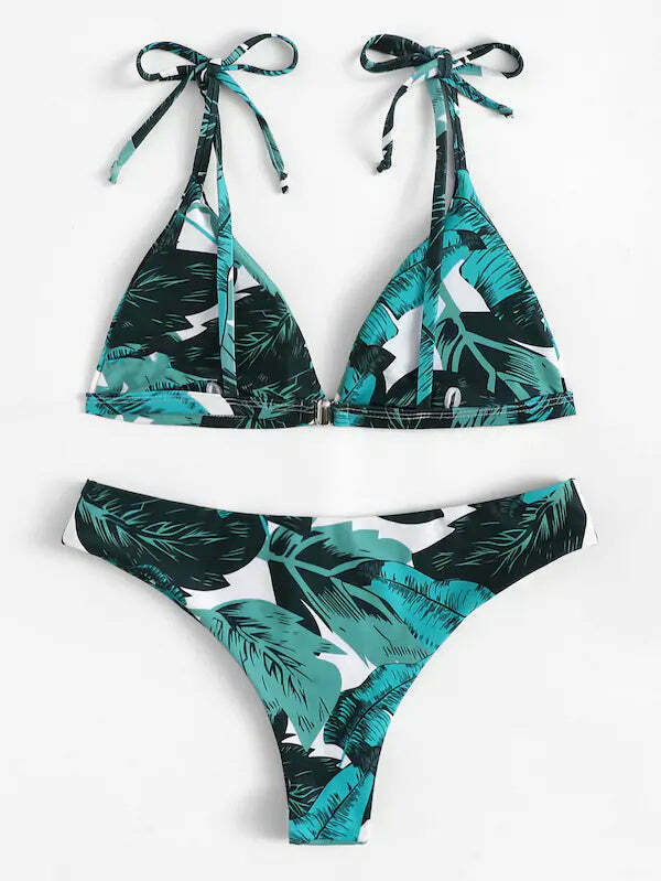 Y2K Leaf Print Bikini Set - Coquette Aesthetic Swimwear with Tie Shoulders
