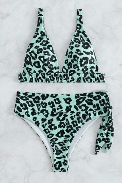 Y2K Leopard Bikini with Deep V-Neck - Coquette Aesthetic Swimwear for Women