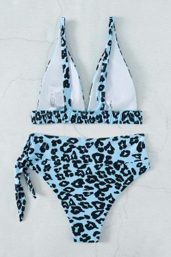 Y2K Leopard Bikini with Deep V-Neck - Coquette Aesthetic Swimwear for Women