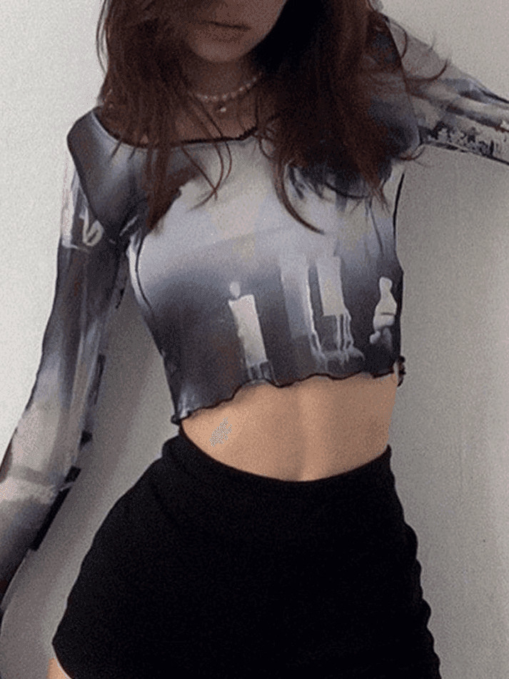 Y2K Mesh Blouse with Cropped Flare Cuffs - Coquette Aesthetic Fashion for Women Y2K Mesh Blouse with Cropped Flare Cuffs - Coquette Aesthetic Fashion for Women