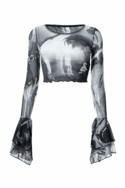 Y2K Mesh Blouse with Cropped Flare Cuffs - Coquette Aesthetic Fashion for Women