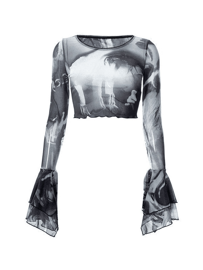 Y2K Mesh Blouse with Cropped Flare Cuffs - Coquette Aesthetic Fashion for Women Y2K Mesh Blouse with Cropped Flare Cuffs - Coquette Aesthetic Fashion for Women