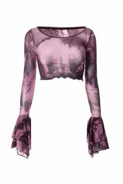 Y2K Mesh Blouse with Cropped Flare Cuffs - Coquette Aesthetic Fashion for Women