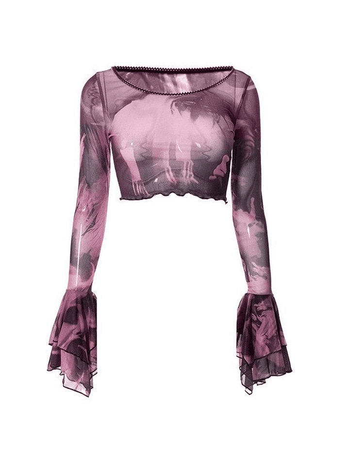 Y2K Mesh Blouse with Cropped Flare Cuffs - Coquette Aesthetic Fashion for Women Y2K Mesh Blouse with Cropped Flare Cuffs - Coquette Aesthetic Fashion for Women